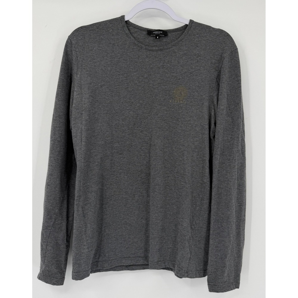 Versace Mens Long Sleeve T-Shirt Gray Medusa Gold Logo Made in Italy Size 4 M